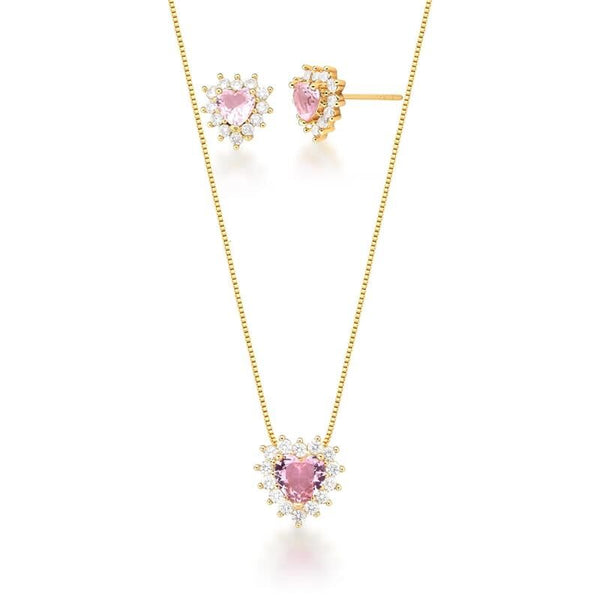 CONJUNTO COLAR E BRINCO DE CORAÇÃO CRISTAL ROSA